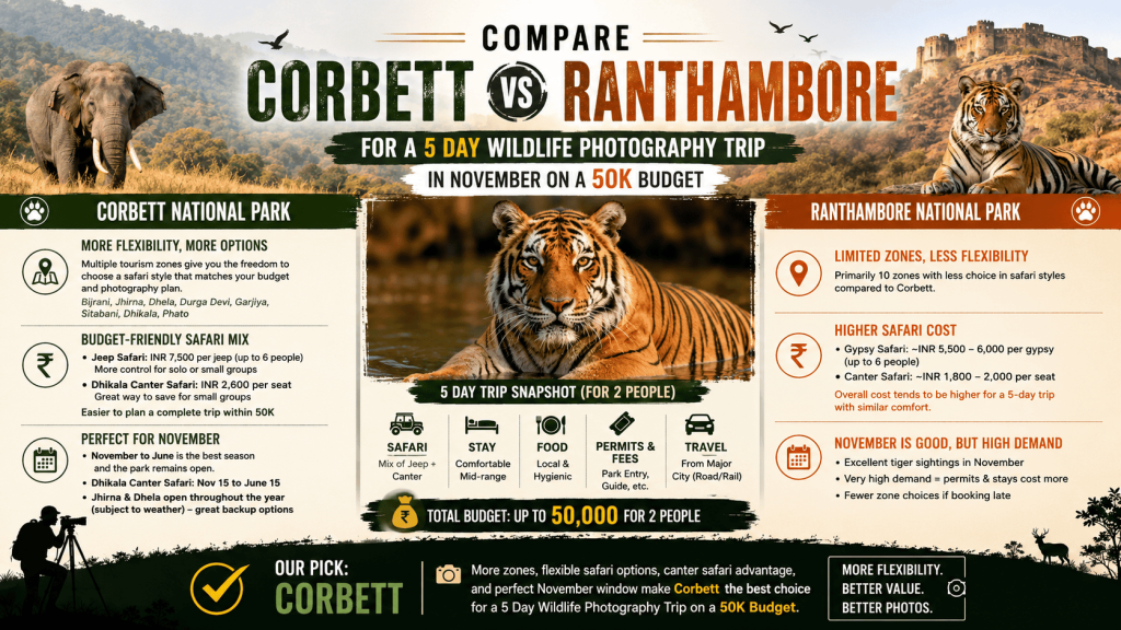 Compare Corbett and Ranthambore for a 5 Day Wildlife Photography Trip in November on a 50K Budget